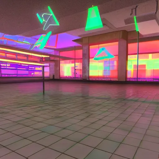 Prompt: abandoned mall with neon lights from a ps 1 game, low poly graphics