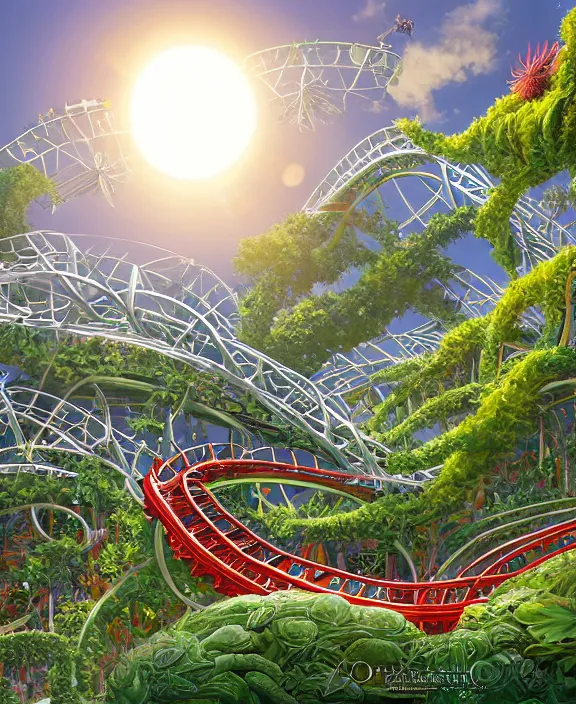 Prompt: simplicity, elegance, a roller coaster building made out of bizarre organic creatures, in the style of a streamlined asymmetrical spaceship, overgrown with flowers, sun - drenched environment, by dan mumford, yusuke murata, makoto shinkai, ross tran, cinematic, unreal engine, cel shaded, featured on artstation, pixiv