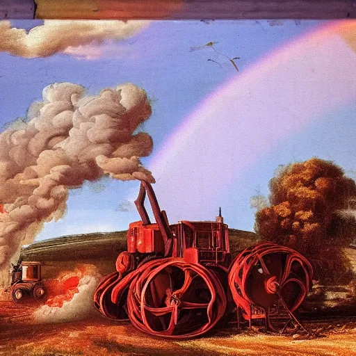 Image similar to a burning tractor over a rainbow as a baroque painting