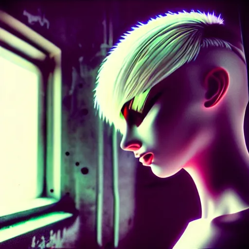 Image similar to worried, beautiful android looks out at you through the window in a dirty abandoned factory, short spiky blonde hair, cyberpunk outfit, kodachrome