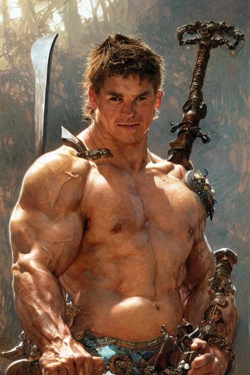 Image similar to closeup portrait of muscular male barbarian, intricate details, large sword, by Stanley Artgerm Lau, by greg rutkowski, by thomas kindkade, by alphonse mucha, loish, by norman rockwell J.