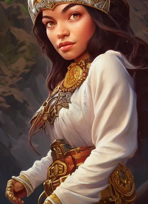 Image similar to portrait of russian mexican asian girl jodhpurs hyperborea lemuria, deep focus, d & d, fantasy, intricate, elegant, highly detailed, digital painting, artstation, concept art, matte, sharp focus, illustration, hearthstone, art by rhads by artgerm and greg rutkowski and alphonse mucha