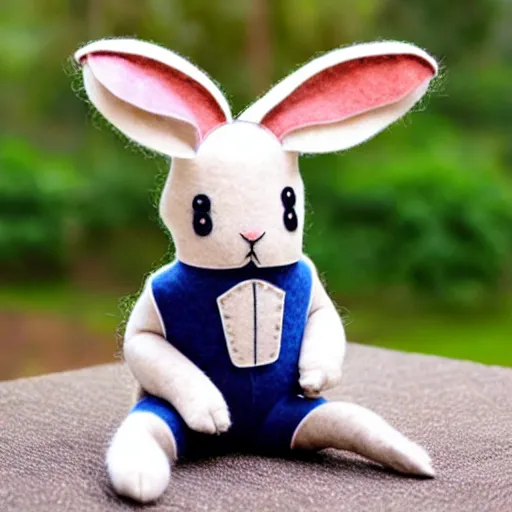 Prompt: a cute elegant felt plush doll of a rabbit wearing overalls detailed highly realistic