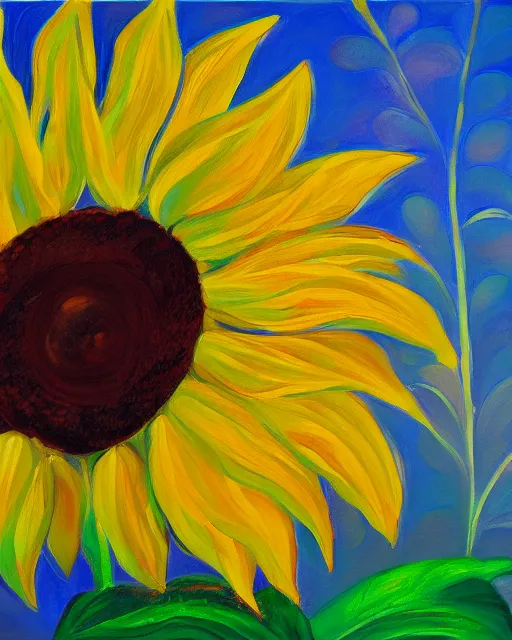 Image similar to painting of a sunflower by Georgia O'Keefe, oil on canvas, stylized, colorful, loose brush strokes