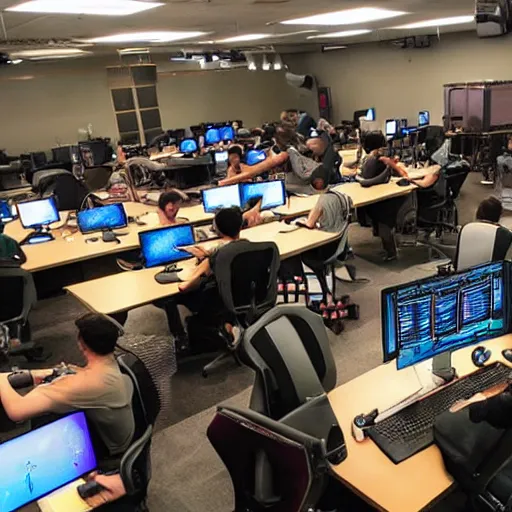 Prompt: a photograph of many video game developers working hard to finish a game