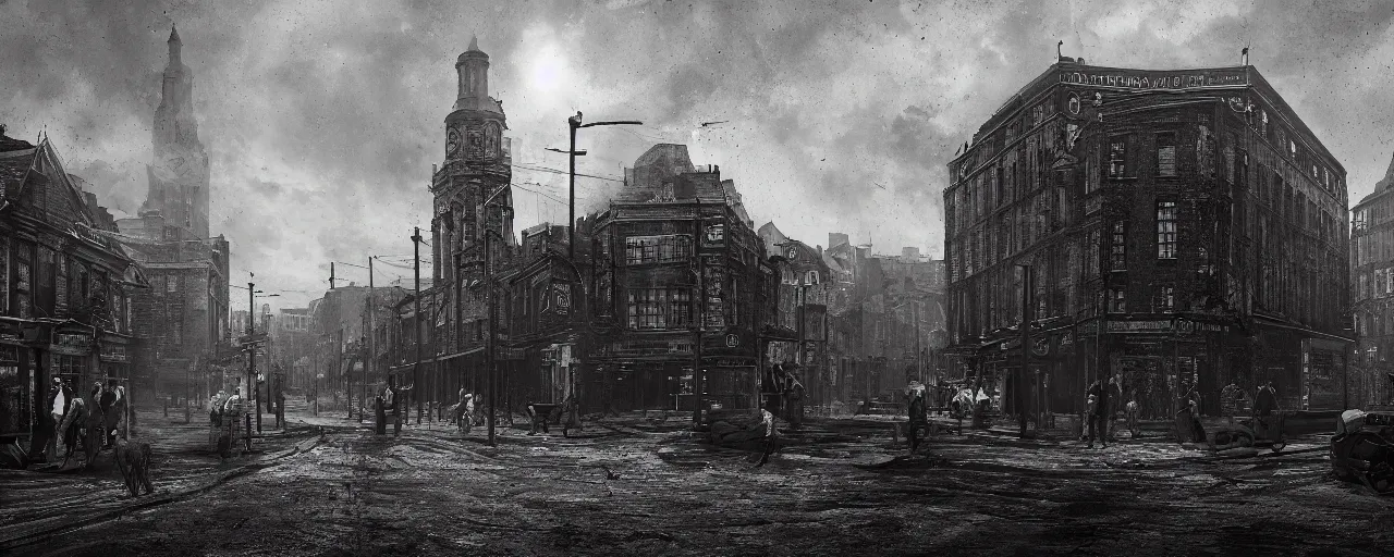 Prompt: whitechapel 1888, very dark and intense, trending on artstation, 8K, ultra wide angle, pincushion lens effect
