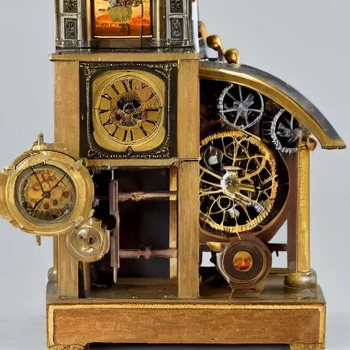 Image similar to 19th century mechanical automata clock depicting a village with mechanical people