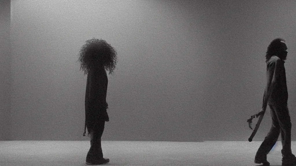 Image similar to photo from distance of a black man with long curly hair, carrying a electric guitar, walking out of from the past door, film still from the movie directed by Denis Villeneuve with art direction by Zdzisław Beksiński, wide lens