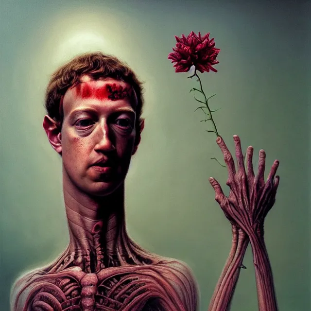 Image similar to mark zuckerberg holding a flower by hr giger and Zdzisław Beksiński, trending on artstation, realistic, detailed, concept art, horror, illustration, oil painting