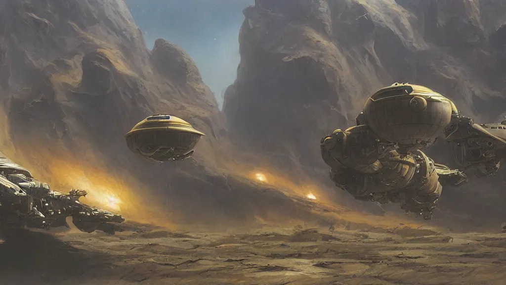 Image similar to small organic dropship lander by john schoenherr and jim burns, epic cinematic matte painting