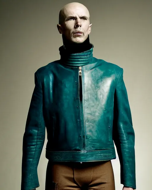 Prompt: an award - winning photo of an ancient male model wearing a plain cropped baggy teal distressed medieval designer menswear leather flight jacket designed by alexander mcqueen, 4 k, studio lighting, wide angle lens, 2 0 0 4