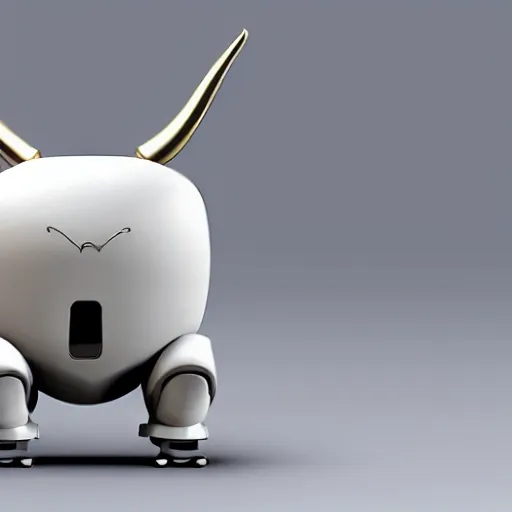 Image similar to a mechanical cow with big head and horns, minimalist style, metal, 3D art, in style of Baymax, smooth