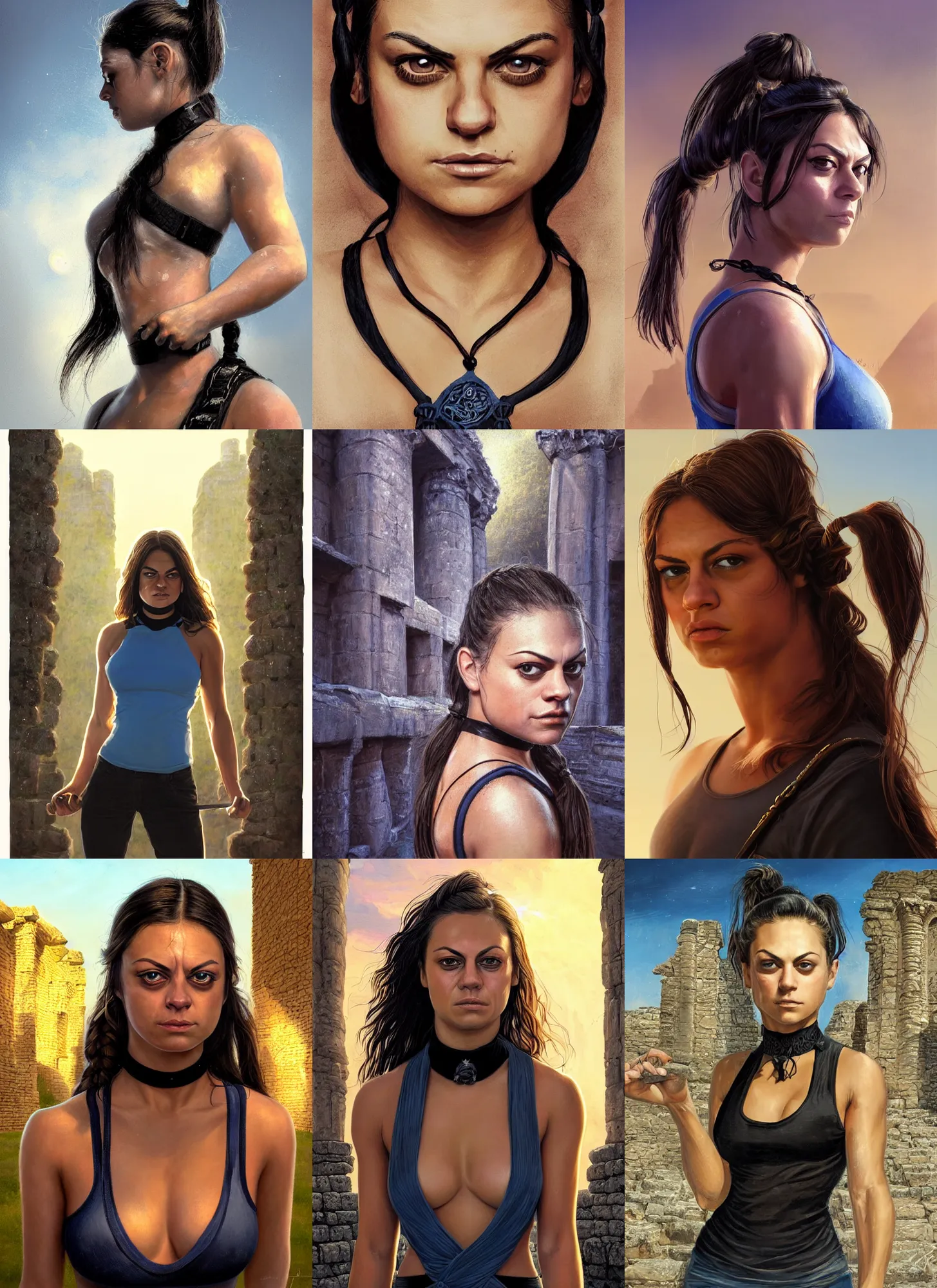 Prompt: portrait of young very muscled Mila Kunis with pigtails hair and bright blue squinting eyes looking directly into the camera, mouth slightly open, wearing intricate black choker, walking sweaty out epic ancient ruins, golden hour, elegant style, highly detailed, centered, sharp digital painting, artstation, concept art, smooth, sharp focus, illustration, Allan Lee, John Howe