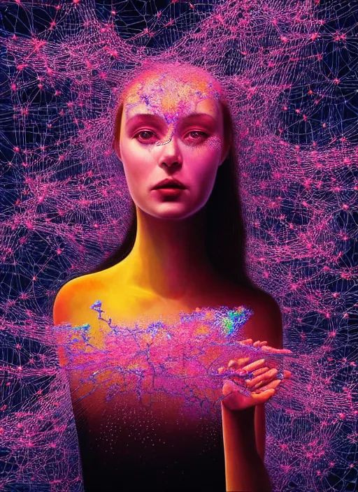 Image similar to hyper detailed 3d render like a Oil painting - Aurora (Singer) seen Eating of the Strangling network of yellowcake aerochrome and milky Fruit and Her delicate Hands hold of gossamer polyp blossoms bring iridescent fungal flowers whose spores black the foolish stars by Jacek Yerka, Mariusz Lewandowski, Houdini algorithmic generative render, Abstract brush strokes, Masterpiece, Edward Hopper and James Gilleard, Zdzislaw Beksinski, Mark Ryden, Wolfgang Lettl, hints of Yayoi Kasuma, octane render, 8k