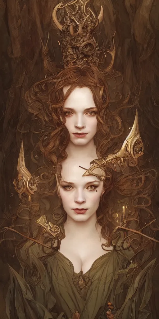 Prompt: a beautiful illustration of a witch with horns in head, young christina hendricks, intricate, sharp focus, illustration, highly detailed, digital painting, concept art, matte, art by wlop and artgerm and greg rutkowski and alphonse mucha, masterpiece