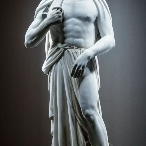 Prompt: a realistic greek white marble statue of adam sandler wearing a ghostly toga, displayed in a museum art gallery, moody, dramatic lighting, dark, photorealistic, cinematic scene, super detailed, hyper realistic, bright lights, 8 k