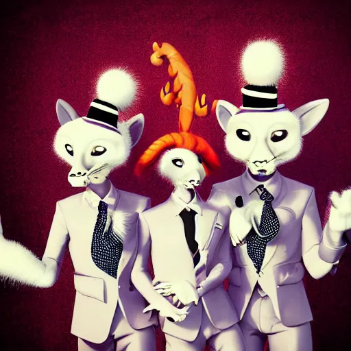 Image similar to bandphoto of anthropomorphic furry musicians, in the style of billelis and james jean and pedro conti and stanley kubrick, inspired by die antwoord, kawaii colors, photorealistic, epic, super technical, 3 d render