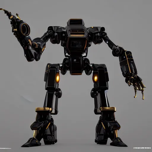 Image similar to hyper realistic render of hard surface mecha robot made from black onyx and gold by kezie demessance, artgerm, alexander trufanov, octane render, unreal engine 5