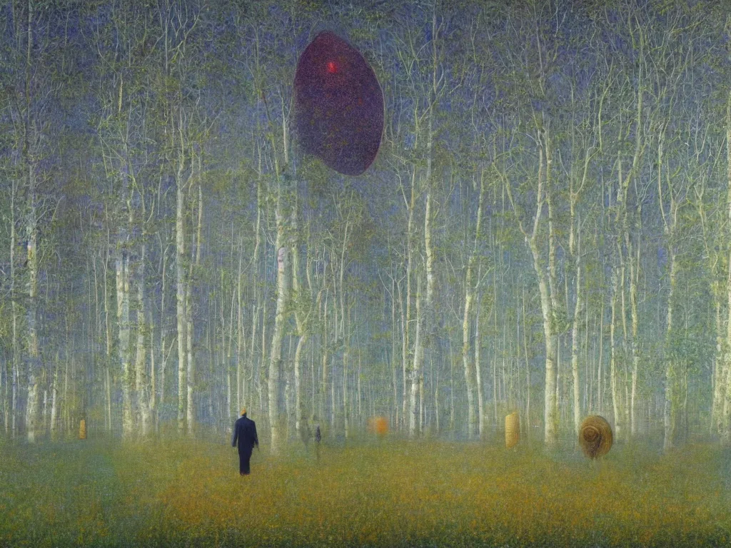 Image similar to man in white beekeeper suit looking at the psychedelics dream mothership over the solitary road lined with giant poplars. painting by mikalojus konstantinas ciurlionis, bosch, wayne barlowe, agnes pelton, rene magritte