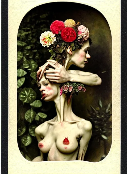 Image similar to beautiful and detailed rotten woman made of plants and many types of stylized flowers like carnation, chrysanthemum, roses and tulips, intricate, surreal, vladimir volegov, john constable, guy denning, gustave courbet, caravaggio, romero ressendi, 1 9 1 0 polaroid photo