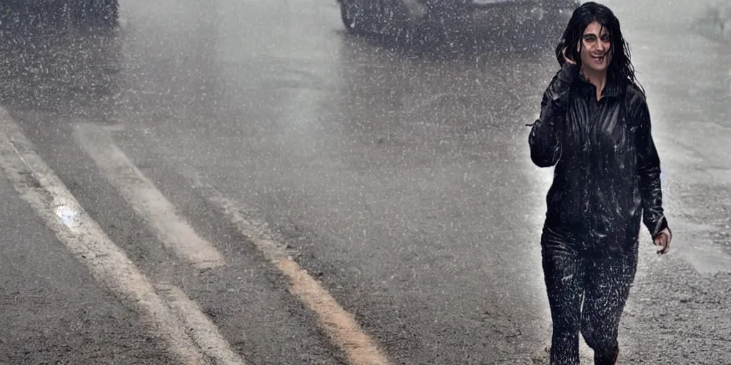 Prompt: hyperrealistic photo of a hot wet girl in the rain waling down the road, 8 k