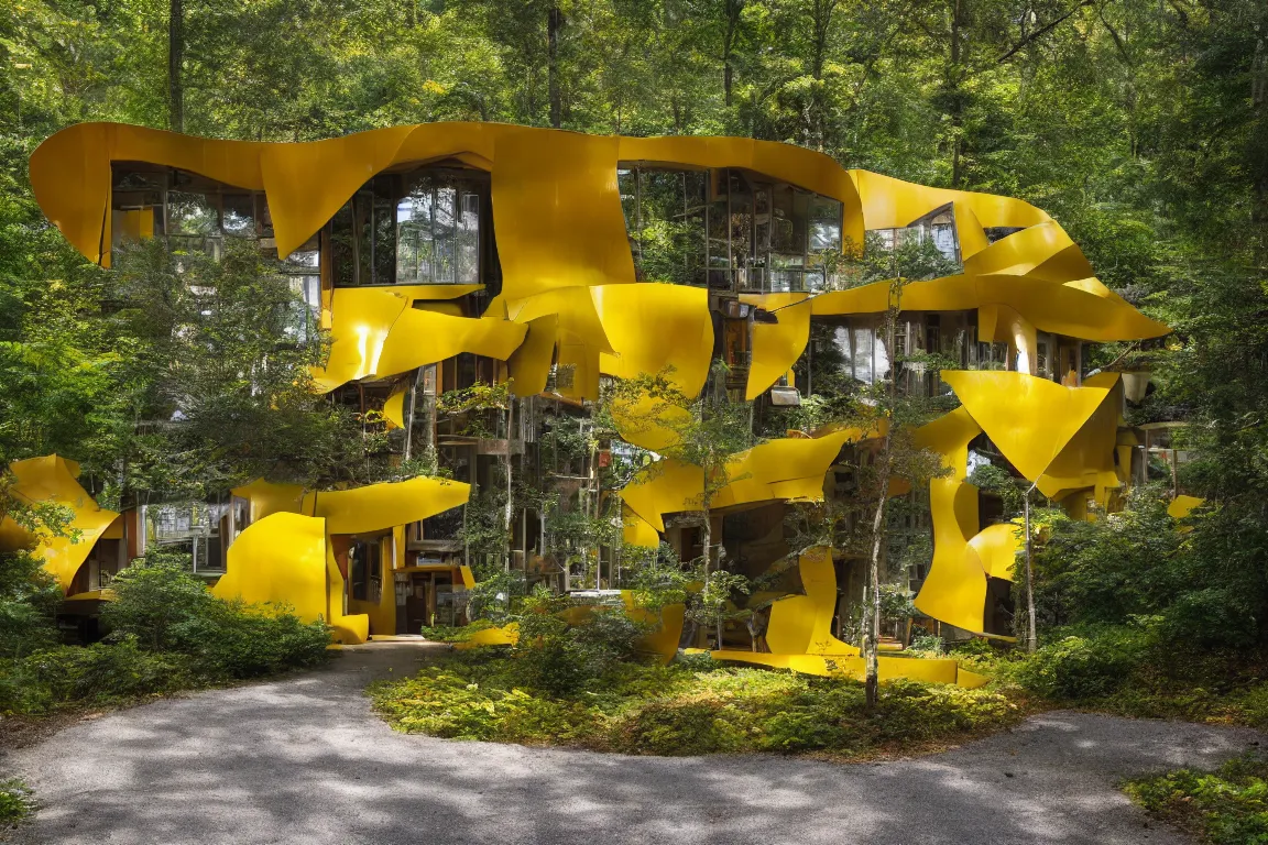 Image similar to a mid century modern house in a forest, designed by Frank Gehry. Tiles. Small gravel driveway . Film grain, cinematic, yellow hue