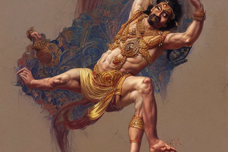 Image similar to award winning full body portrait of a beautiful ornated hanuman god, horizontally leaping!!!, legs stretched!!! intricate, elegant, highly detailed, digital painting, artstation, concept art, smooth, sharp focus, digital illustration, art by krenz cushart and artem demura and alphonse mucha