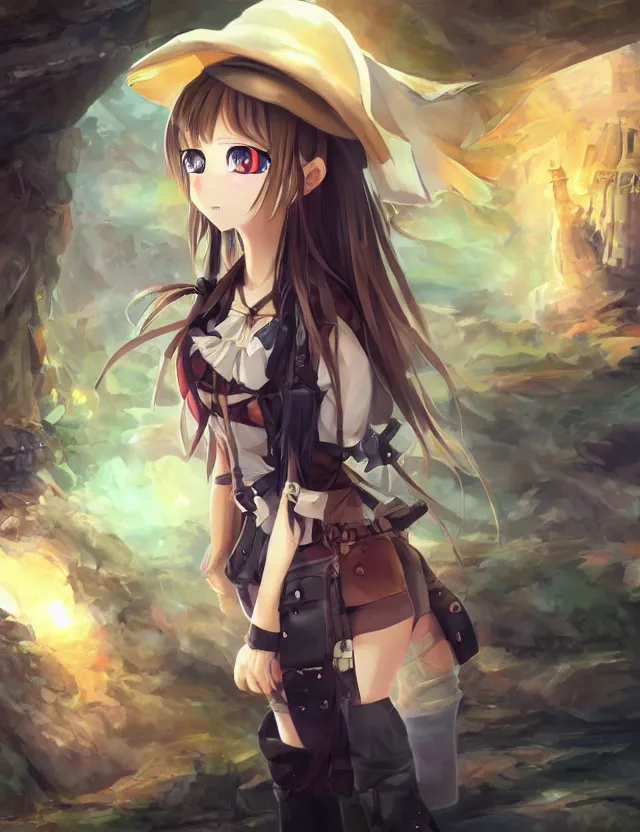 Image similar to scenic wide angle portrait of a girl in a coal mine, a cute outfit, somewhat of an anime in fantasy style, trending artwork, made with anime painter studio, by anato finstark, tony sart and an anime artist, collaboration