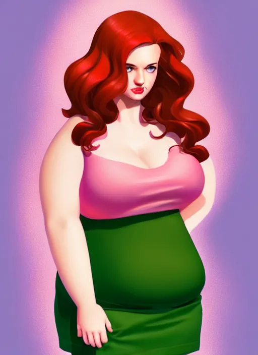 Image similar to full body portrait of teenage cheryl blossom, obese, bangs, green eyes, sultry, realistic, red hair, sultry smirk, wavy hair, pink skirt, fat, intricate, elegant, glowing lights, highly detailed, digital painting, artstation, concept art, smooth, sharp focus, illustration, art by wlop, mars ravelo and greg rutkowski