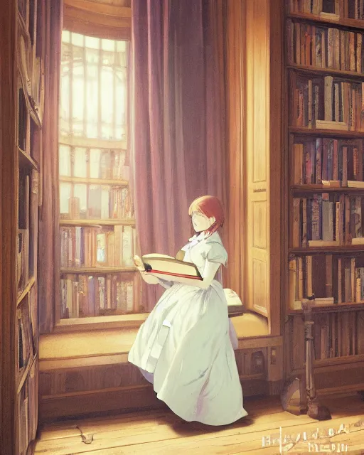 Image similar to a portrait of a victorian maid standing in a victorian reading room, window, bookshelf, holding a stack of books, vivid colors, soft lighting, atmospheric, cinematic, moody, in the style of Ilya Kuvshinov and Range Murata, Krenz Cushart, oil on canvas, anime, 8K