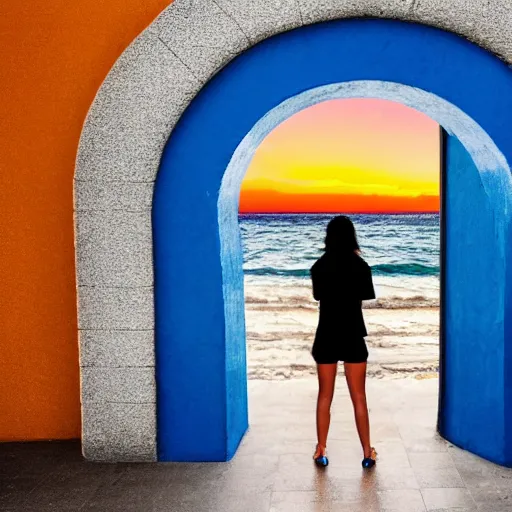 Image similar to a woman facing an portal on the street. the street leads dozen a city. the portal is oval, upright and surrounded by blue energy. the portal leads to a beach at sunset