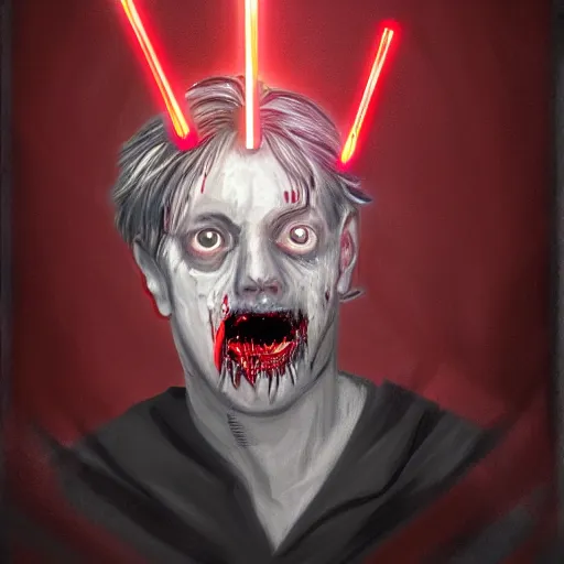 Image similar to Mark Hamil as a zombie holding a red light sabre, digital art