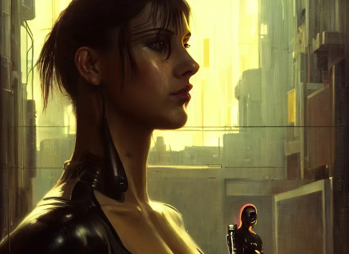 Prompt: Maria. Cyberpunk female hacker wearing stealth suit hiding from police patrol (blade runner 2049, cyberpunk 2077). Orientalist portrait by john william waterhouse and James Gurney and Theodore Ralli and Nasreddine Dinet, oil on canvas. Cinematic, hyper realism, realistic proportions, dramatic lighting, high detail 4k