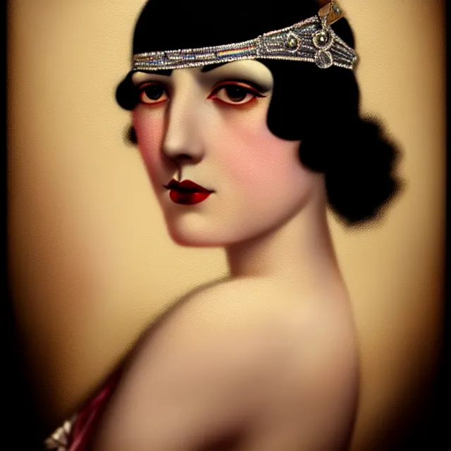 Prompt: 1 9 2 0 s beautiful woman in a flapper photo portrait, atmospheric lighting, painted, intricate, ultra detailed, well composed, best on artstation, cgsociety, epic, stunning, gorgeous, intricate detail, wow, masterpiece