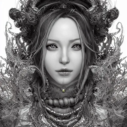 Image similar to the portrait of chaotic good female druid alchemist as absurdly beautiful, gorgeous, elegant, gravure idol, an ultrafine hyperdetailed illustration by kim jung gi, irakli nadar, intricate linework, sharp focus, bright colors, octopath traveler, final fantasy, unreal engine 5 highly rendered, global illumination, radiant light, detailed and intricate environment