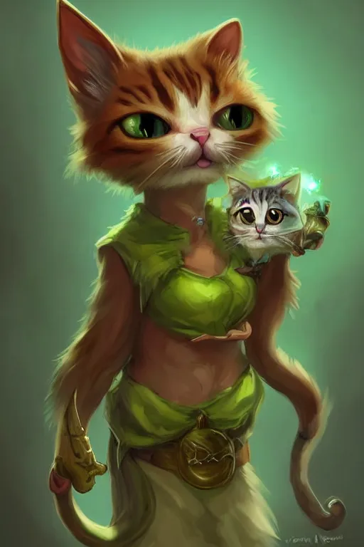 Prompt: cute little anthropomorphic Cat with big green eyes in summer dress, tiny, small, short, outfit, cute and adorable, pretty, beautiful, DnD character art portrait, matte fantasy painting, DeviantArt Artstation, by Jason Felix by Steve Argyle by Tyler Jacobson by Peter Mohrbacher, cinematic lighting