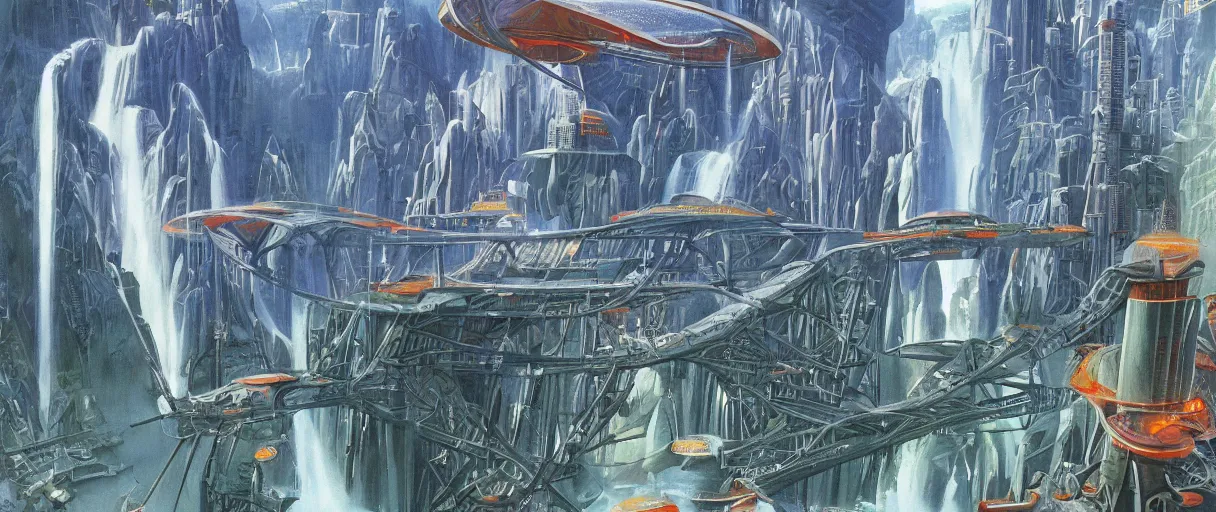 Image similar to A beautiful illustration of a futuristic city of bridges built on a world of waterfalls by Robert McCall and Ralph McQuarrie | Graphic Novel, Visual Novel, Colored Pencil, Comic Book:.6 | unreal engine:.3 | | viewed from below | establishing shot:.7