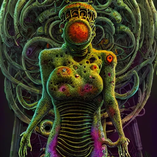 Image similar to highly evolved biomechanical phyrexian dreadnought pregnant borg queen hybrid dotted with lichens and fungal growth being possessed by the machine spirit, artists tram pararam and doctor seuss with beryl cook and jack kirby, high contrast cinematic light, mystical shadows, sharp focus, octane render