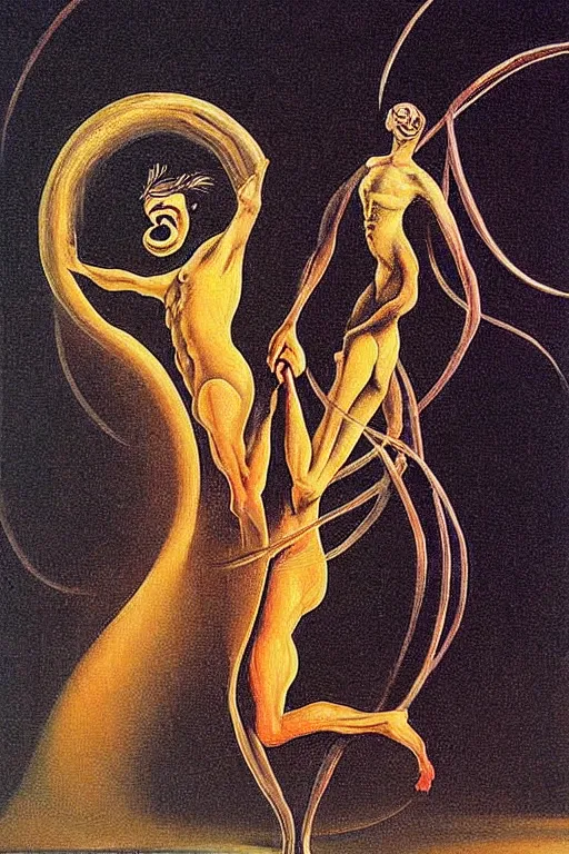 Image similar to optical illusion painting of a couple dancing in a worm hole, illusionism, look twice, mind blow, by damien gilley and salvador dali, detailed