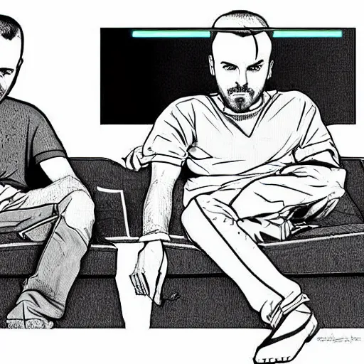 Image similar to a digital art of jessie pinkman and jessie pinkman, sitting on two sofas, watching tv, holding hands, back to the camera, storybook art, detailed, profile shot, featured on artstation