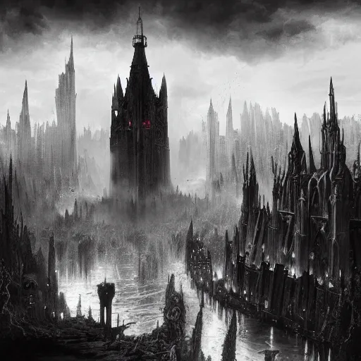 Prompt: an ultra detailed black and white matte painting of a lonely and impossibly tall ominous gothic dark citadel tower of the evil patriarch, in the style of magic the gathering, in a river elevated high above the city, gaslight fantasy capital city, ultrawide lense, aerial photography, scary thunderstorm, exquisite detail, 8 k, art by greg rutkowski and alphonse mucha