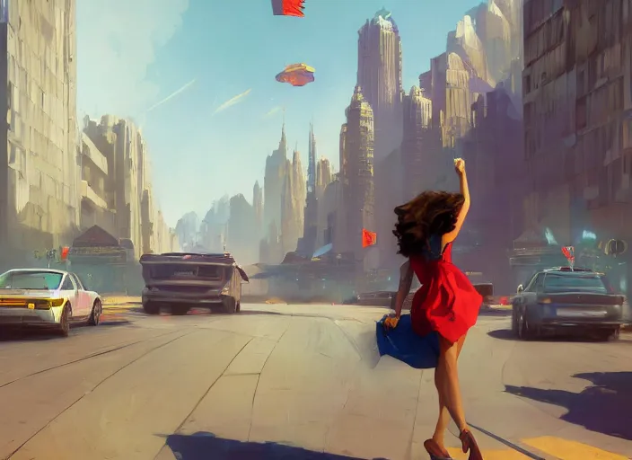 Image similar to gorgeous inspiring girl enthusiastically waving a red flag over her head to manage antigrav car traffic in a Mandelbrot fractal futuristic bustling utopian city by Craig Mullins, ilya kuvshinov, krenz cushart, artgerm trending on artstation by Edward Hopper and Dan Mumford and WLOP and Rutkovsky, Unreal Engine 5, Lumen, Nanite, lowpoly:10