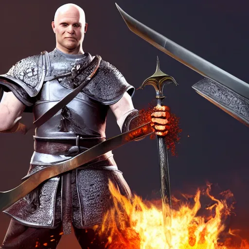 Image similar to mr clean holding a huge flaming sword, 4 k, realistic, dark souls