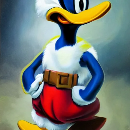 Prompt: ultra realistic portrait painting of donald duck, art by frank frazetta, 4 k, ultra realistic, highly detailed, epic lighting