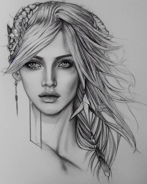 Image similar to tattoo sketch of beautiful greek goddess aphrodite with arrowhead earrings, beautiful piercing eyes, flowing blonde hair, realistic face, hyper realistic, in the style of greg rutkowski, fantasy, amazing detail, epic, intricate, elegant, smooth, sharp focus