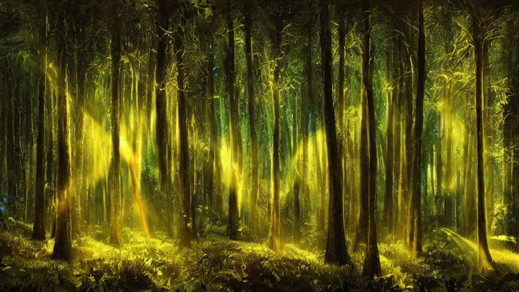 Image similar to portrait of an ethereal evergreen forest made of green and blue light with a log cabin made of golden light, divine, cyberspace, mysterious, dark high-contrast concept art