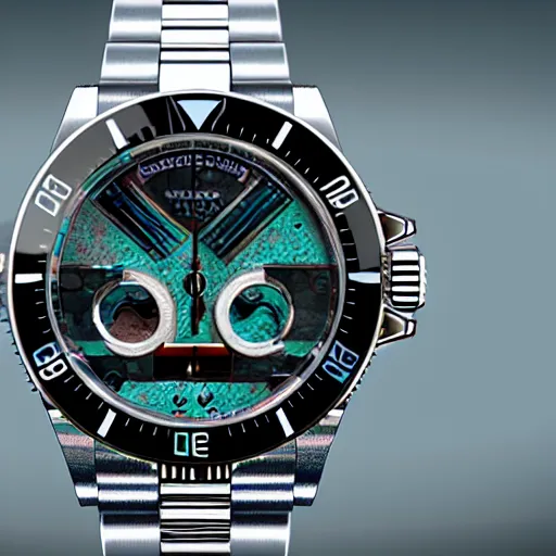 Image similar to Cyberpunk Rolex, hyperrealistic, in the style of Unreal Engine