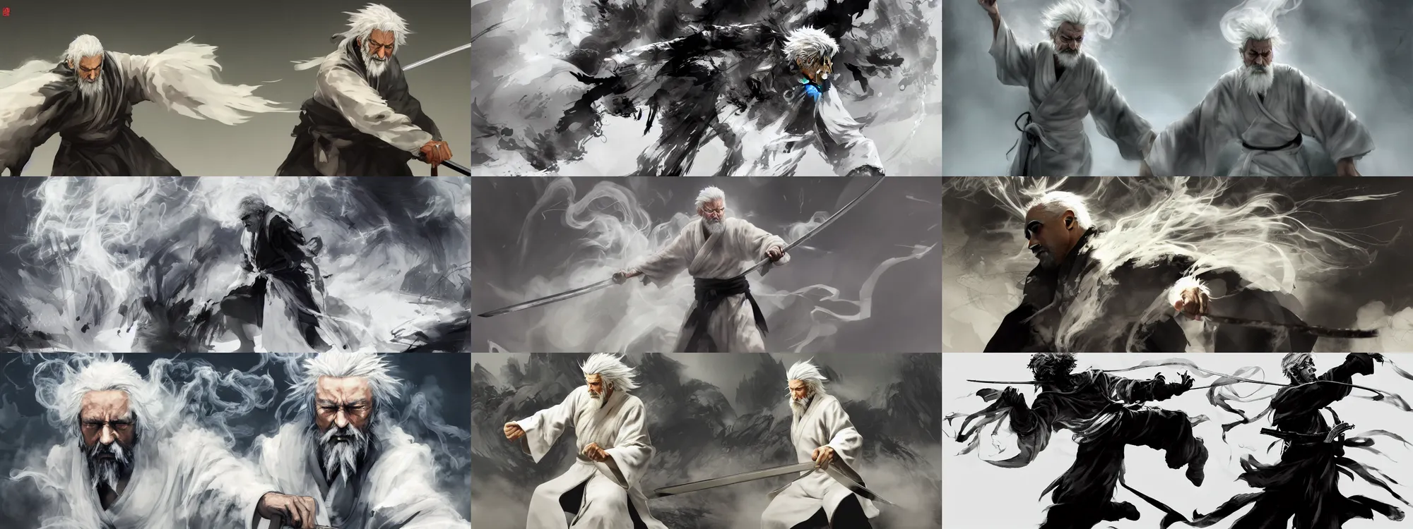 Prompt: Concept art of a lone old man in a one-piece white robe, white hair and white beard, surrounded by black smoke, smoky, full body wuxia, Wudang Swordmanship by Chen Uen, art by Yoji Shinkawa, 4k