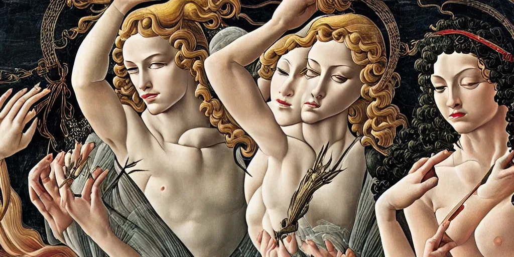 Image similar to the 12 months of the year as figures, in a mixed style of Botticelli and Æon Flux, stunningly detailed artwork