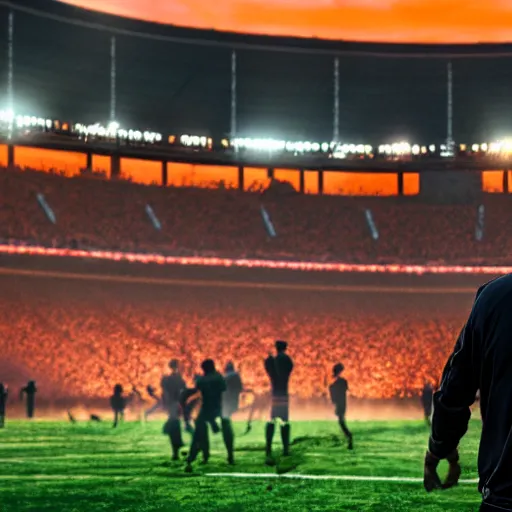 Prompt: A stoic football manager directing his team on the sideline of a giant gothic stadium, apocalyptic orange sky, flares in the stands